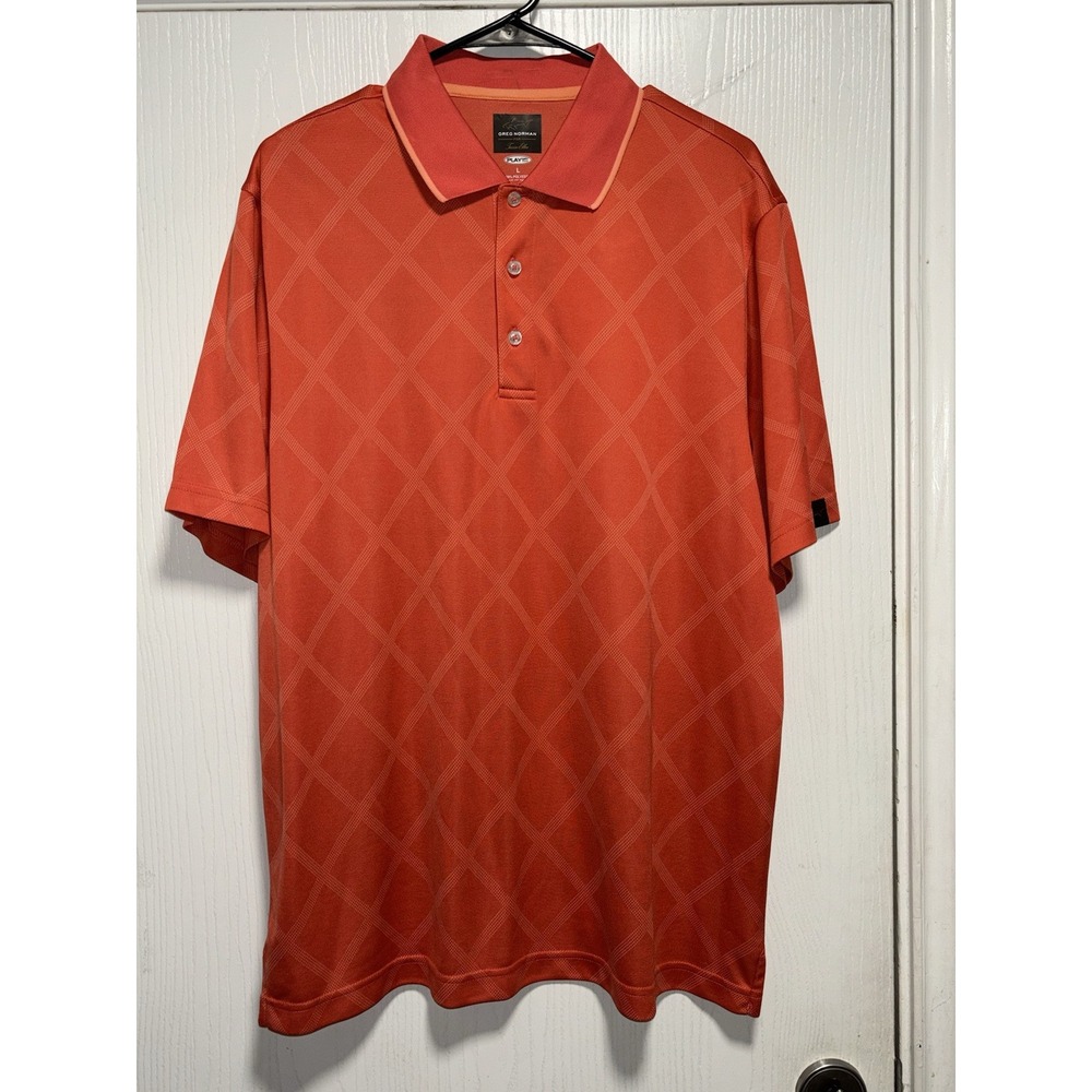 Greg Norman Polo Shirt For Tasso Elba Mens Size Large Play Dri Orange Argyle